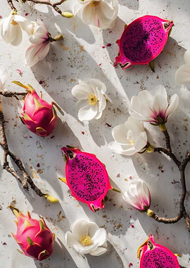 Dragon Fruit and Magnolia Flowers