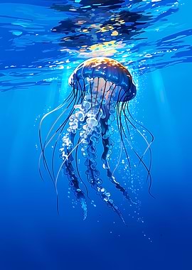 Jellyfish in Deep Blue Ocean