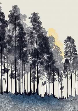 Misty Forest with Yellow Sunlight