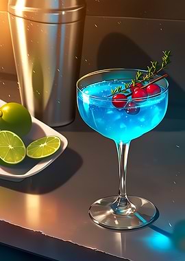 Blue Cocktail with Cranberries and Lime