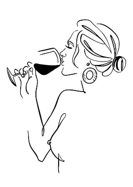 Woman drinking wine, minimalist line art