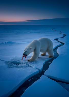 Polar Bear Eating Fish on Ice