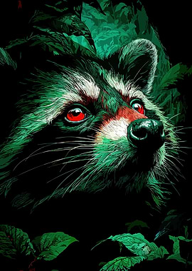 Raccoon with Red Eyes in Forest