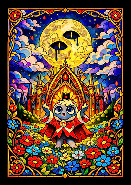 Stained Glass cult of the Lamb Character with Moon and Castle
