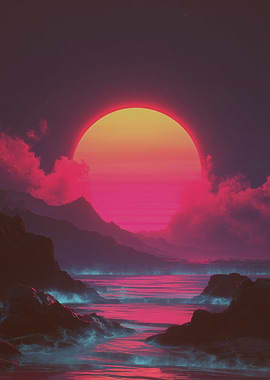 Retro Sunset Over Mountains and Ocean