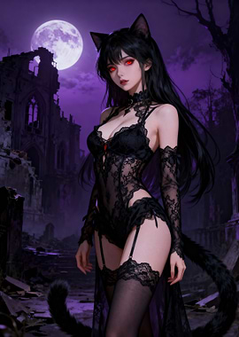 Gothic Cat Girl in Lace Lingerie