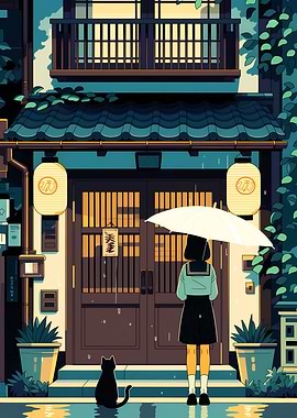 Girl with Umbrella and Cat in Rain