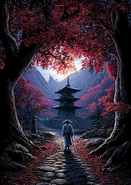 Monk walking towards a pagoda