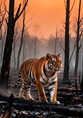 Tiger in a burnt forest
