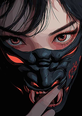 Demonic Masked Woman with Red Eyes