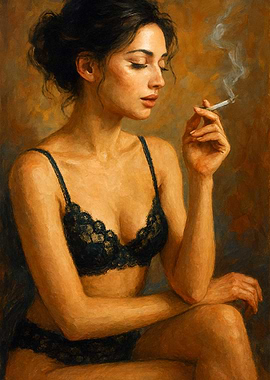 Woman in Black Lingerie Smoking