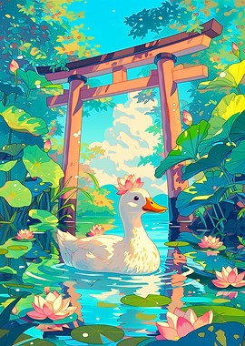 Duck in a Lotus Pond with Torii Gate