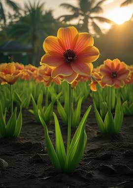 Orange Dahlia Flower Field at Sunset