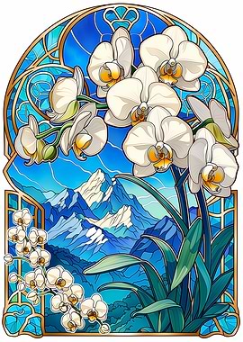 Art Nouveau Orchids and Mountains