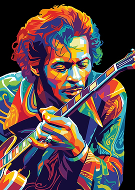 Colorful Portrait of Jimi Hendrix Playing Guitar