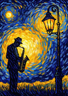 Starry Jazz Night Saxophonist Under a Swirling Sky of Colors in Van Gogh Style