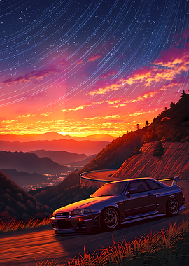 Sports Car on Mountain Road at Sunset