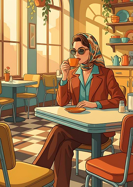 Woman in Retro Cafe Drinking Coffee