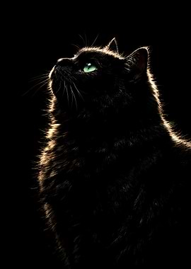 Black Cat Black Background - Side Profile Looking Up