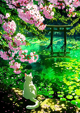Cat by Cherry Blossoms and Pond