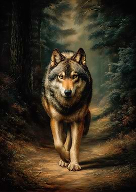 Wolf walking on a forest path
