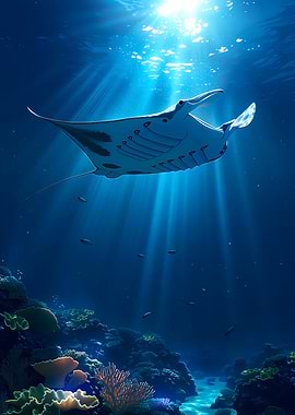 Manta Ray Swimming in Sunlit Ocean