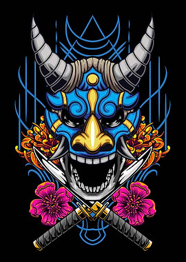 Japanese Oni Mask with Swords and Flowers