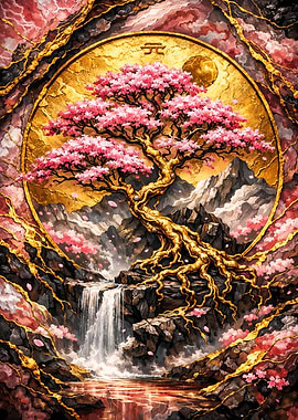Golden Pink Cherry Blossom Tree Waterfall
