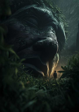 Giant Stone Head in Lush Jungle