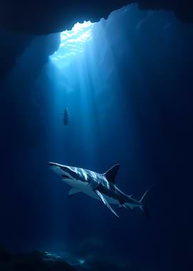 Shark and Sunbeams in Deep Blue Water