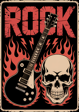 Rock and Roll Guitar Skull Flames