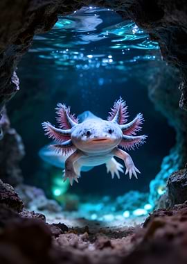Axolotl in underwater cave