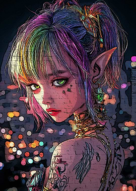 Anime Elf Girl with Rainbow Hair