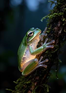 Green Tree Frog on Mossy Branch
