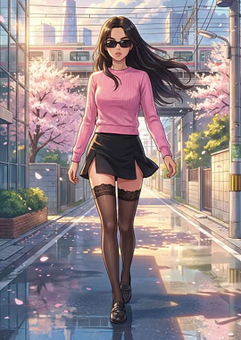 Anime Girl Walking in City