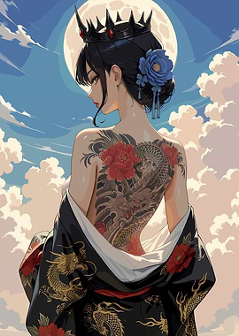 Tattooed Woman with Crown and Dragon Kimono