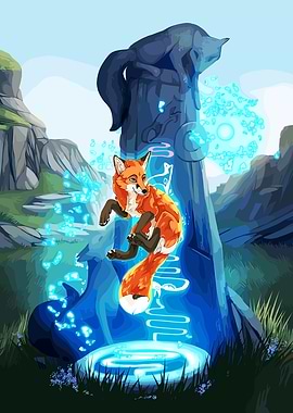 Magical Fox and Stone Statue