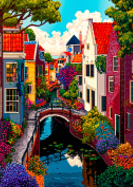 Pixel Art Canal Scene in The Netherlands