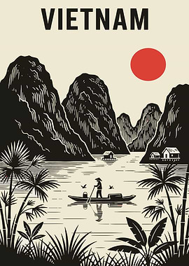 Vietnam Landscape with Boat and Mountains