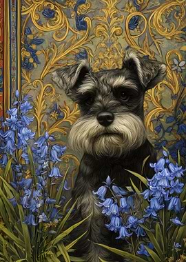 Schnauzer Portrait with Bluebells