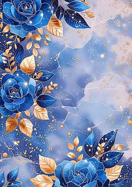 Blue Roses with Gold Leaves