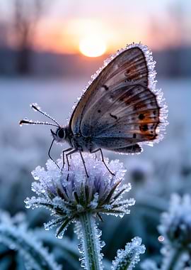 Butterfly on a frosted flower at sunrise