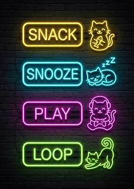 Snack Snooze Play Loop — Neon Cat Routine on Brick Wall