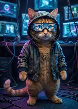 Hacker Cat in Cyberpunk Setting