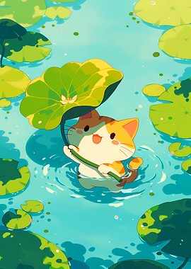 Cute Cat Under Lotus Leaf