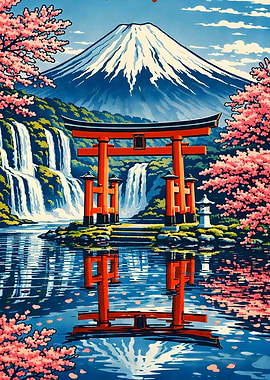 Mount Fuji Torii Gate Waterfall