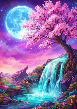 Enchanting Cherry Blossom Waterfall Under a Full Moon