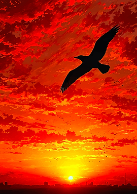 Bird flying at sunset