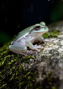 Green frog on mossy rock in rain