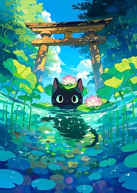 Black Cat in Lotus Pond